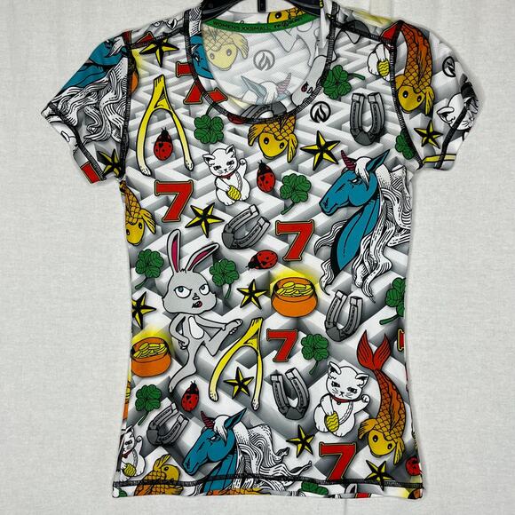 InkNBurn Lucky Tech Short Sleeve Graphic T Shirt XXS 2XS White Multicolor Gym - Picture 2 of 7
